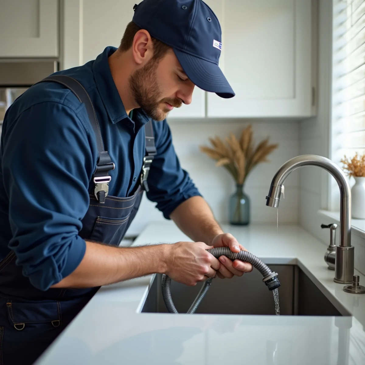 Plumber using a drain machine on a bathroom line in an El Dorado Hills home