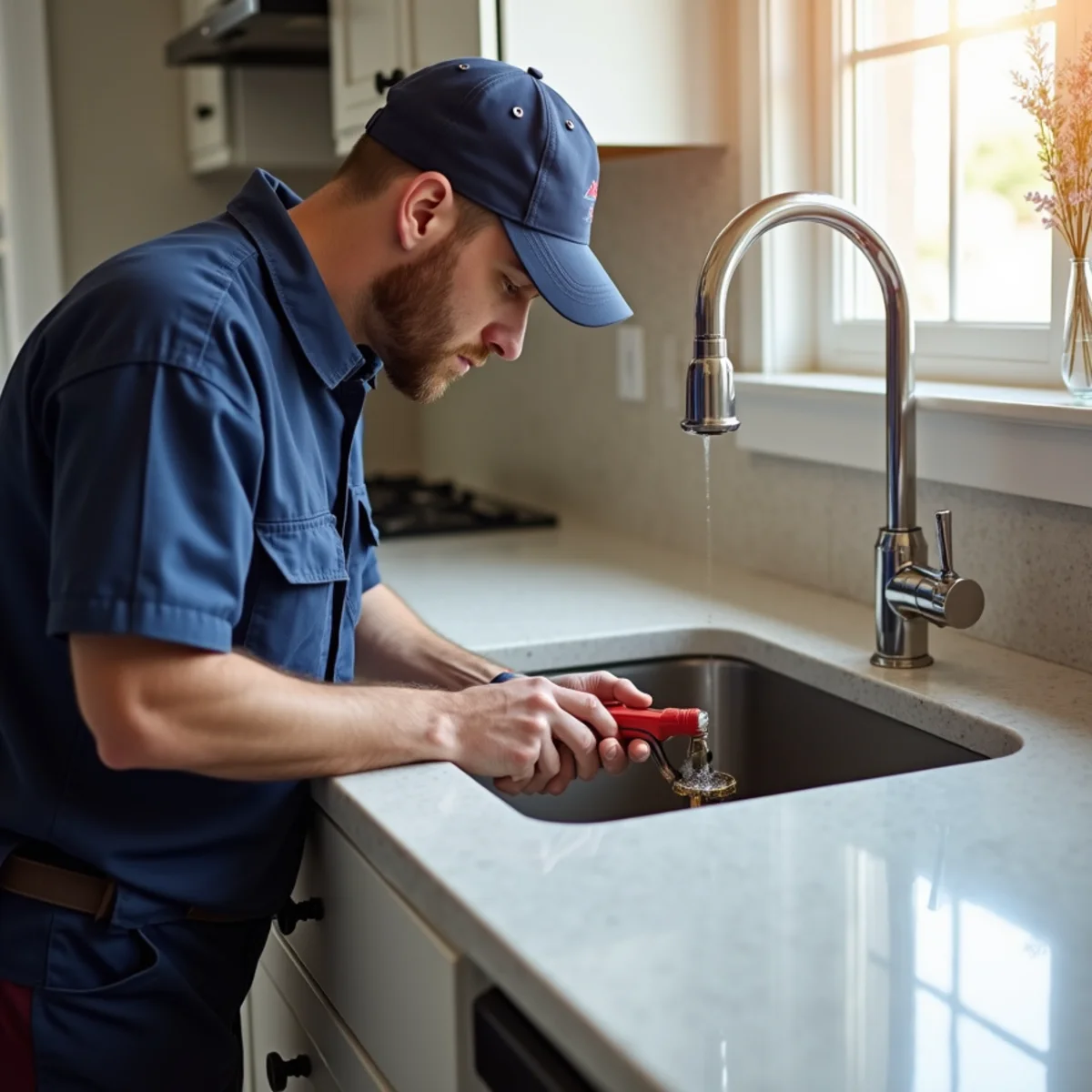 Plumber repairing a leaking kitchen faucet under the sink in an El Dorado Hills home