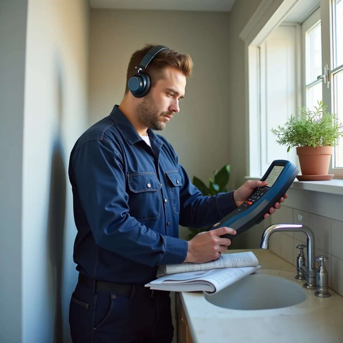 Plumber using acoustic listening equipment to locate a hidden water leak in an El Dorado Hills home