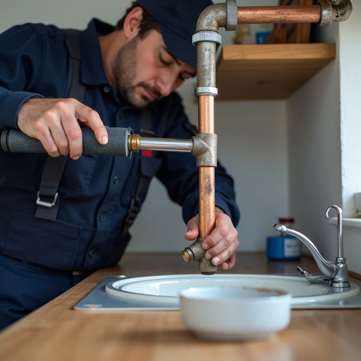 Plumber repairing a corroded copper supply pipe under a sink in an El Dorado Hills home