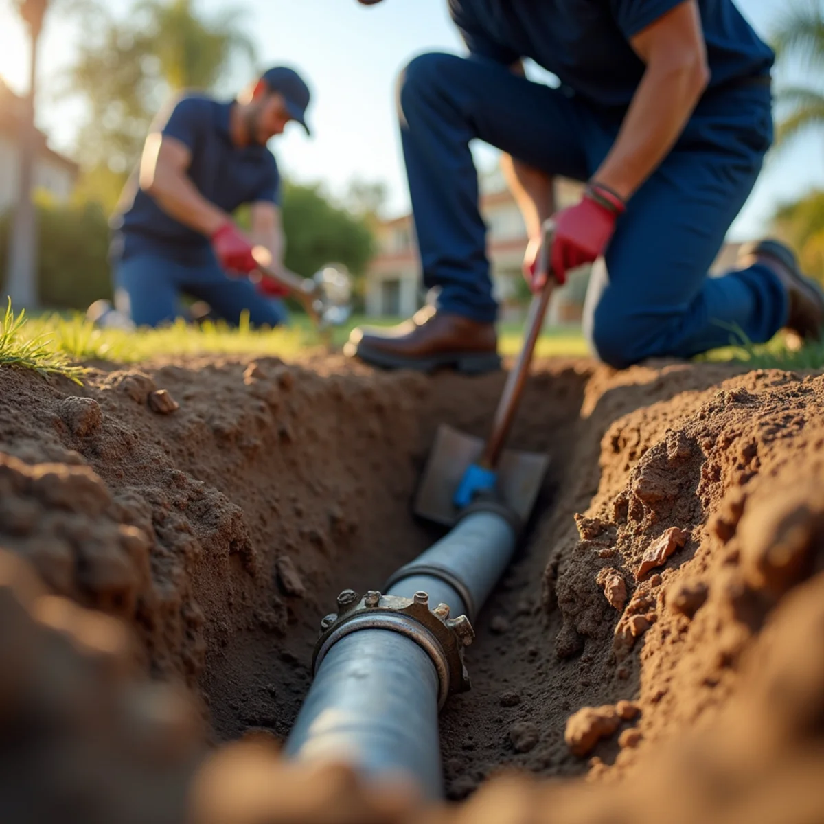 Exposed section of a residential main sewer line during repair in an El Dorado Hills yard